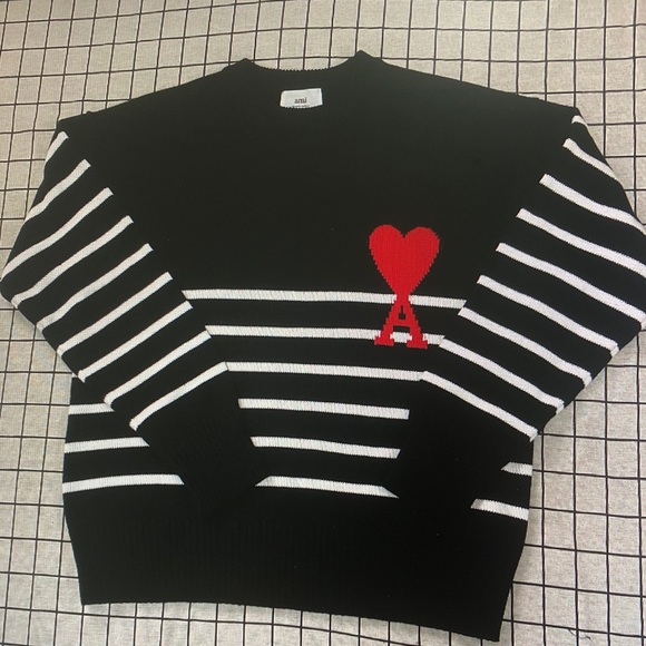Ami Black and White Striped Knit with Red Heart - Picture 1 of 5
